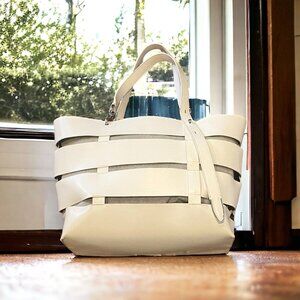 Rebecca Minkoff Cage Stella Large Leather White Tote Bag  Purse with Pouch